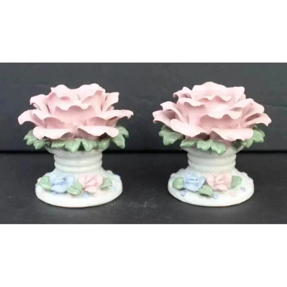 2 Vintage PINK & BLUE Porcelain Flower Victorian Candlestick Holder Decor